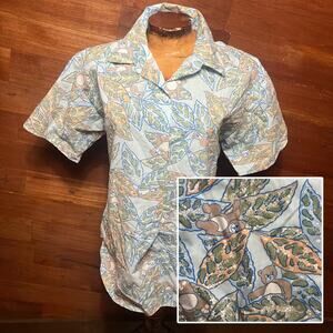 VINTAGE 80s Hawaiian Bear Print Button Up Cottagecore Graphic Size Medium